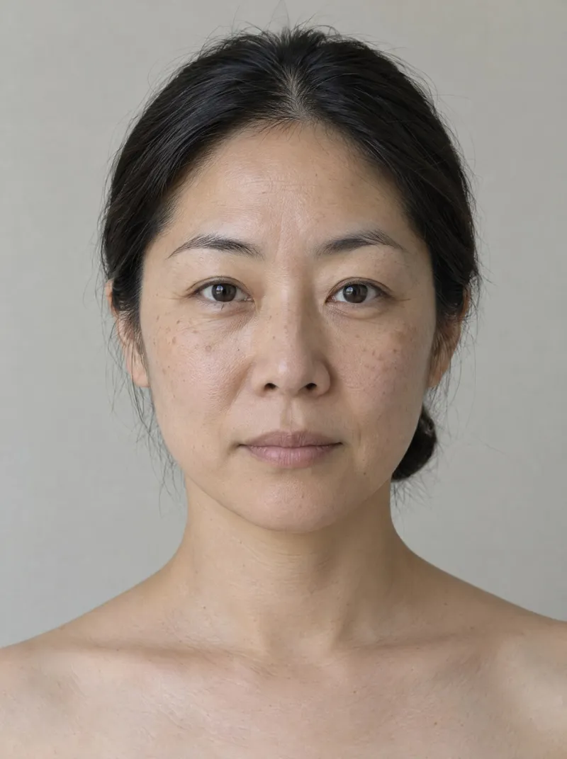 AI-generated illustration: a woman with light skin, photographed straight on in daylight.