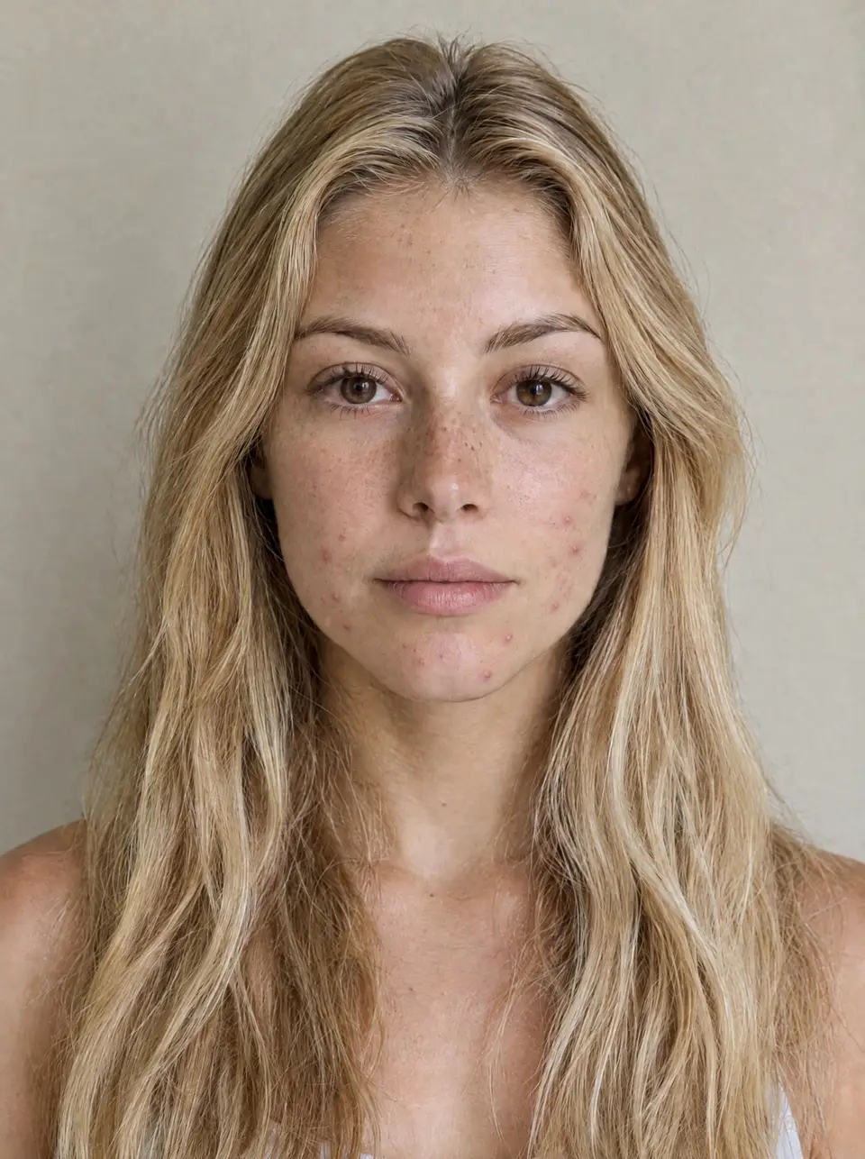 A guided daily photo of a woman's face with 9 blemishes circled