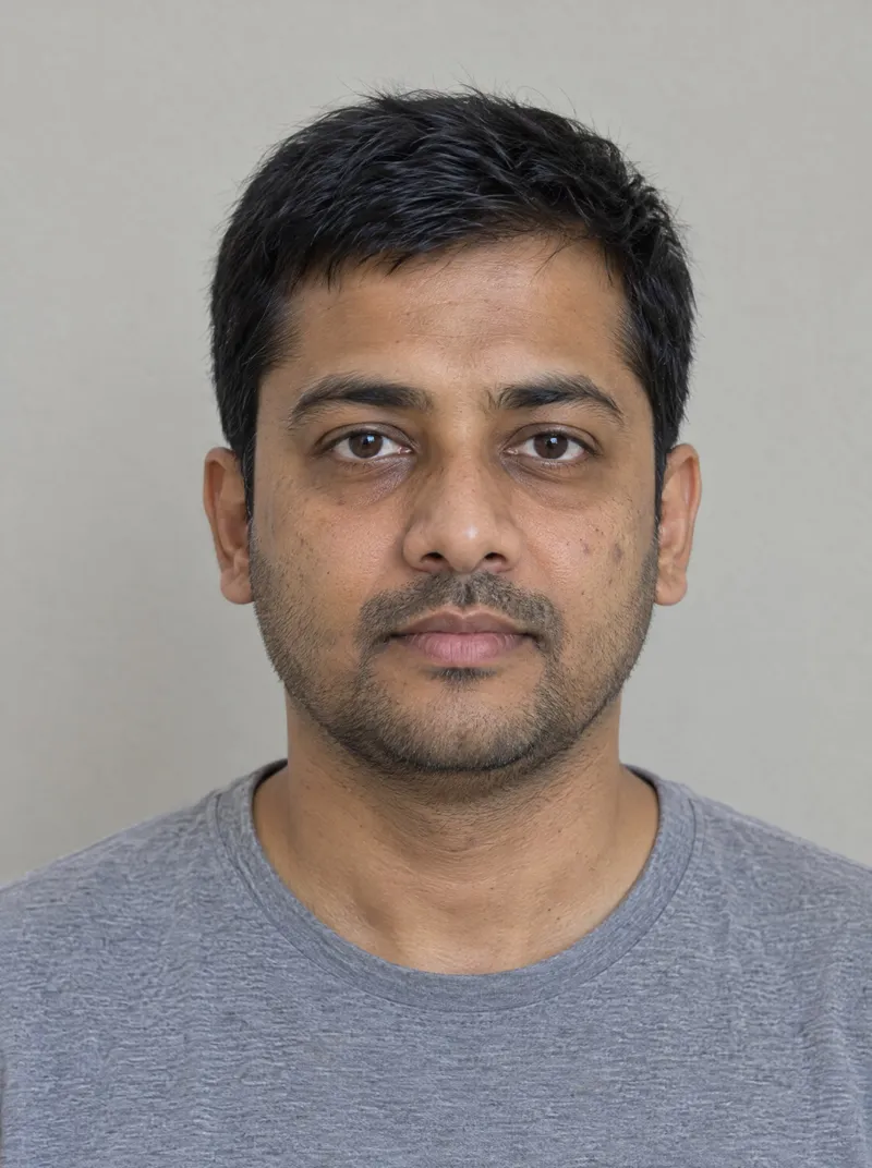 AI-generated illustration: a man with medium brown skin, photographed straight on in daylight.