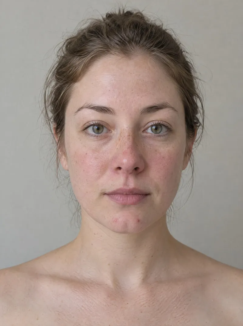 AI-generated illustration: a woman with fair skin and freckles, photographed straight on in daylight.