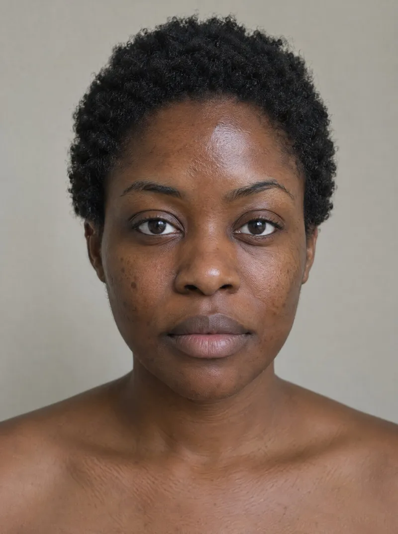 AI-generated illustration: a woman with deep brown skin, photographed straight on in daylight.